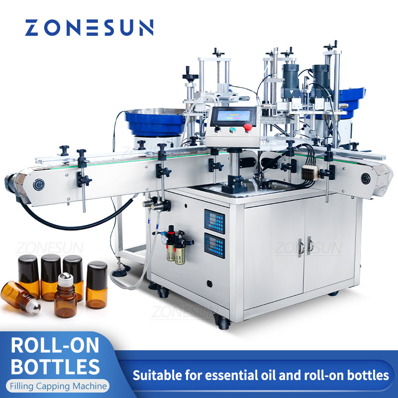 ZONESUN ZS-AFC11 Automatic Roll-on Bottles Magnetic Pump Liquid Filling  Capping Machine With Cap Feeder