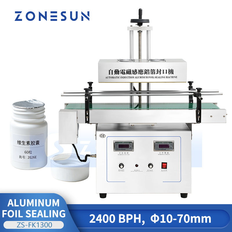 ZONESUN ZS-FK1300 Automatic Continuous Induction Aluminum Foil Sealing Machine for Pharmaceutical Food Cosmetic and Chemical Bottles