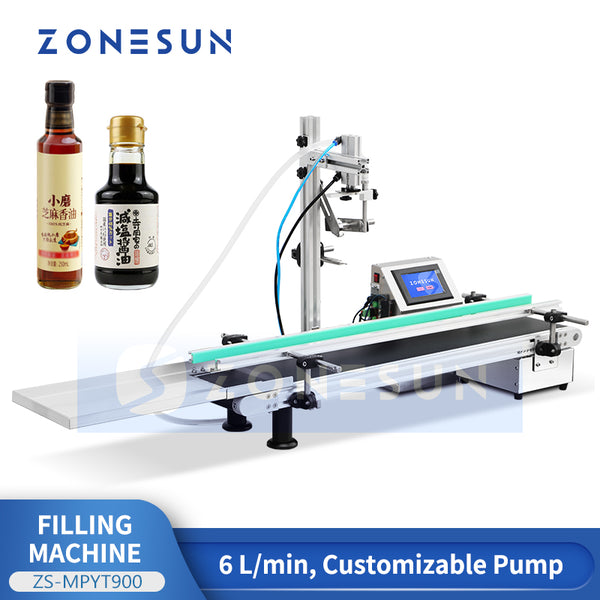 ZONESUN ZS-MPYT900 compact magnetic pump liquid filling machine with conveyor and bottle examples