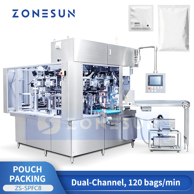 ZONESUN ZS-SPFC8 Automatic Dual Channel Pouch Packing Machine for Flat Bags Zipper Bags and Stand-Up Pouches