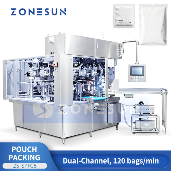 ZONESUN ZS-SPFC8 Automatic Dual Channel Pouch Packing Machine for Flat Bags Zipper Bags and Stand-Up Pouches
