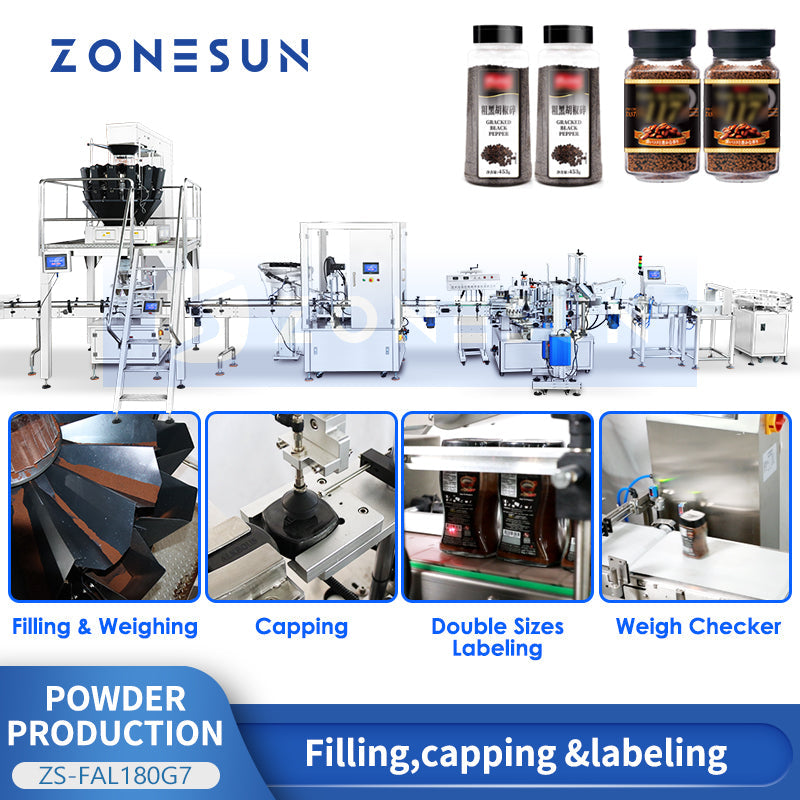 ZONESUN ZS-FAL180G7 Automatic Powder Spices Coffee Production Line Bottle Filling Capping Labeling Weighing Equipment