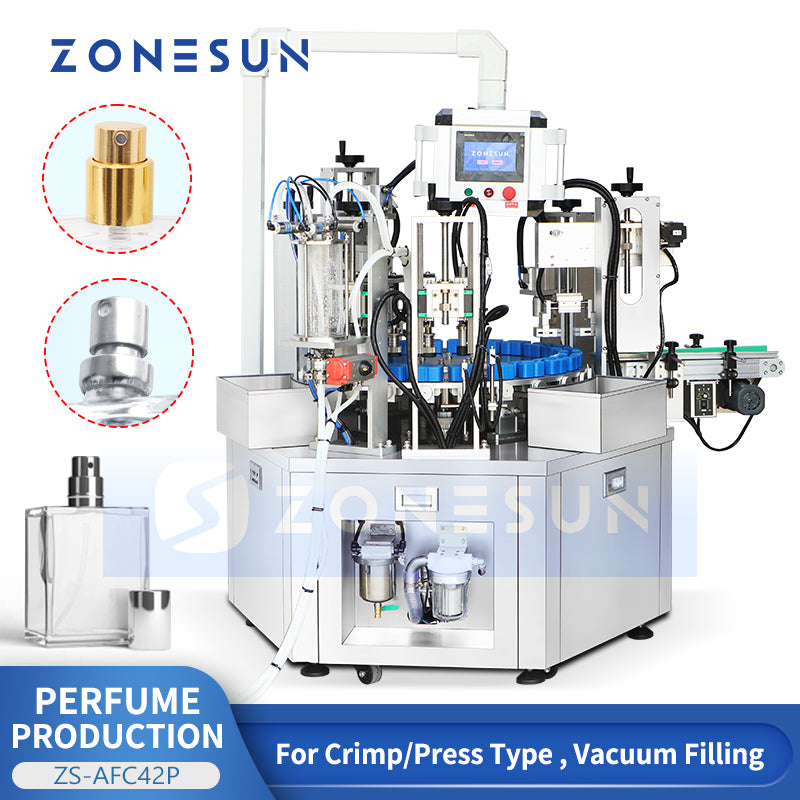 ZONESUN ZS-AFC42P Automatic Perfume Monoblock Filling Machine Vacuum Filling Rinsing Capping Pressing 3–100ml Perfume Line