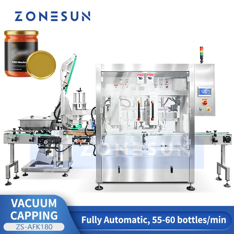 ZONESUN ZS-AFK180 Automatic Continuous Metal Lug Caps Vacuum Capping Machine For Twist‑off Caps
