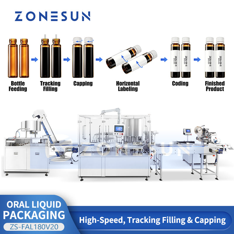 ZONESUN ZS-FAL180V20 Automatic Tube-shaped Bottle Filling, Capping, Labeling & Coding Production Line