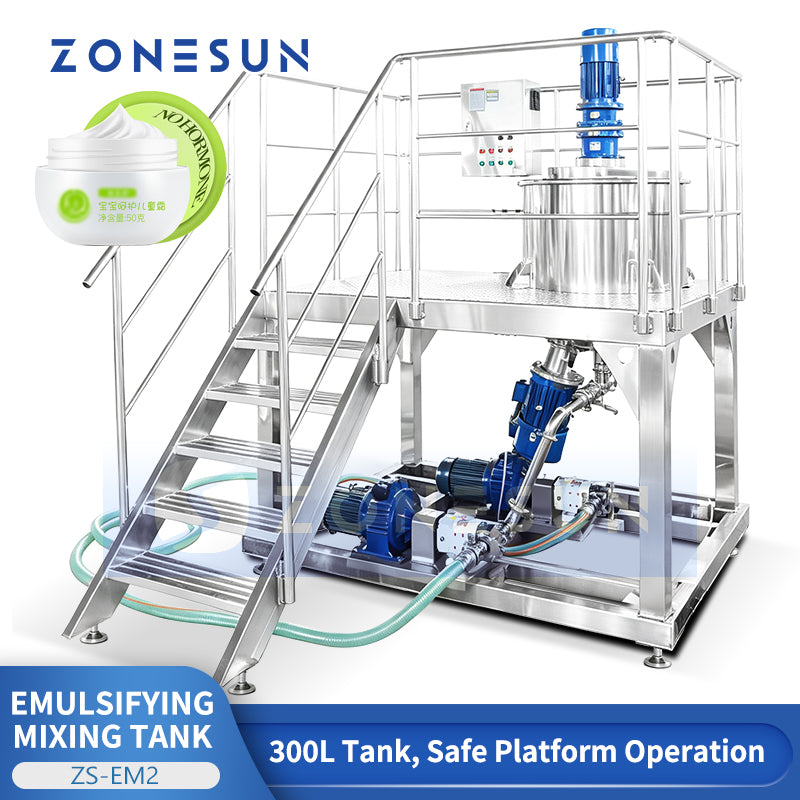 ZONESUN ZS-EM2 300L Emulsifying Mixing Tank with Anchor Scraper Agitator High-Speed Emulsifier and Dual Rotor Pumps for Food Cosmetic and Pharmaceutical Production