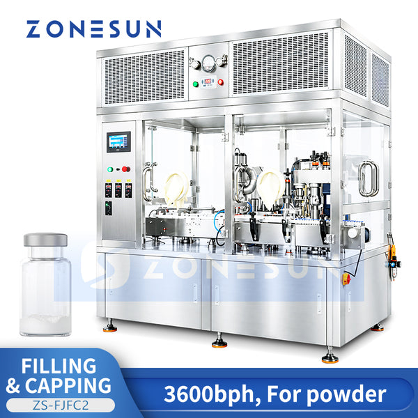 ZONESUN ZS-FJFC2 automatic powder vial filling stoppering and crimp capping machine with vial example