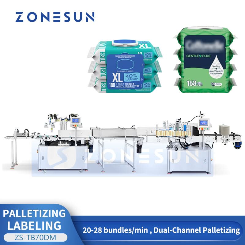 ZONESUN ZS-TB70DM Dual-Lane Automatic Bag Palletizing & Bundle Labeling Machine with Twin Conveyors and Robotic Arms