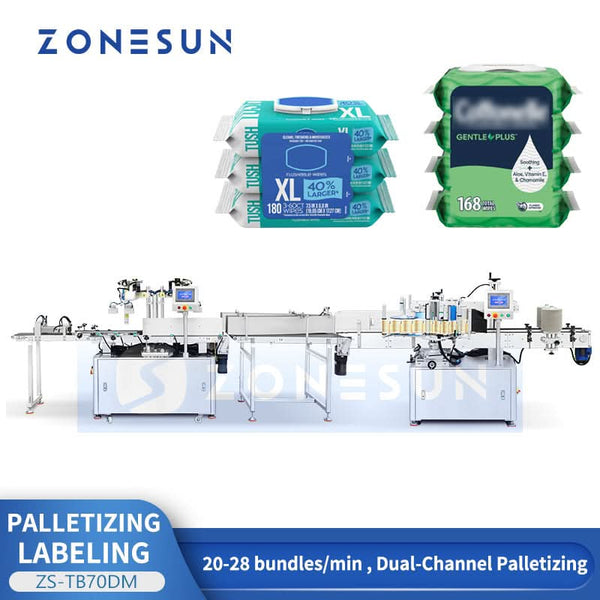 ZONESUN ZS-TB70DM Dual-Lane Automatic Bag Palletizing & Bundle Labeling Machine with Twin Conveyors and Robotic Arms