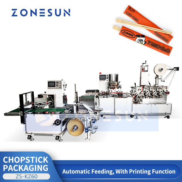 ZONESUN ZS-KZ60 Automatic Chopstick Packaging Machine with Printing & IR Drying, High Speed Paper Sleeve Packing Machine for Disposable Chopsticks