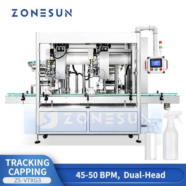 ZONESUN ZS-VTXG3 Dual Head Automatic Pump Cap Capping Machine with Tracking System for Lotion, Serum, Disinfectant Liquid Bottles