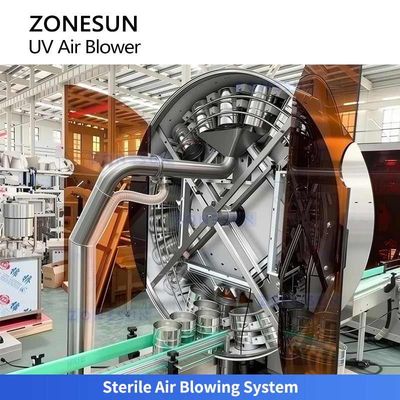 ZONESUN ZS-UVB1 Automatic UV Bottle Sterilization and Air Blowing Machine for Milk Powder Food Pharmaceutical and Hygienic Container Pre-Filling Cleaning