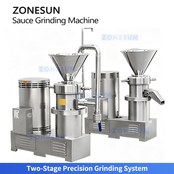 ZONESUN ZS-YM80 Industrial Two-Stage Nut Butter Grinding Machine with Bucket Elevator for Peanut Butter Cocoa Paste Tahini Production