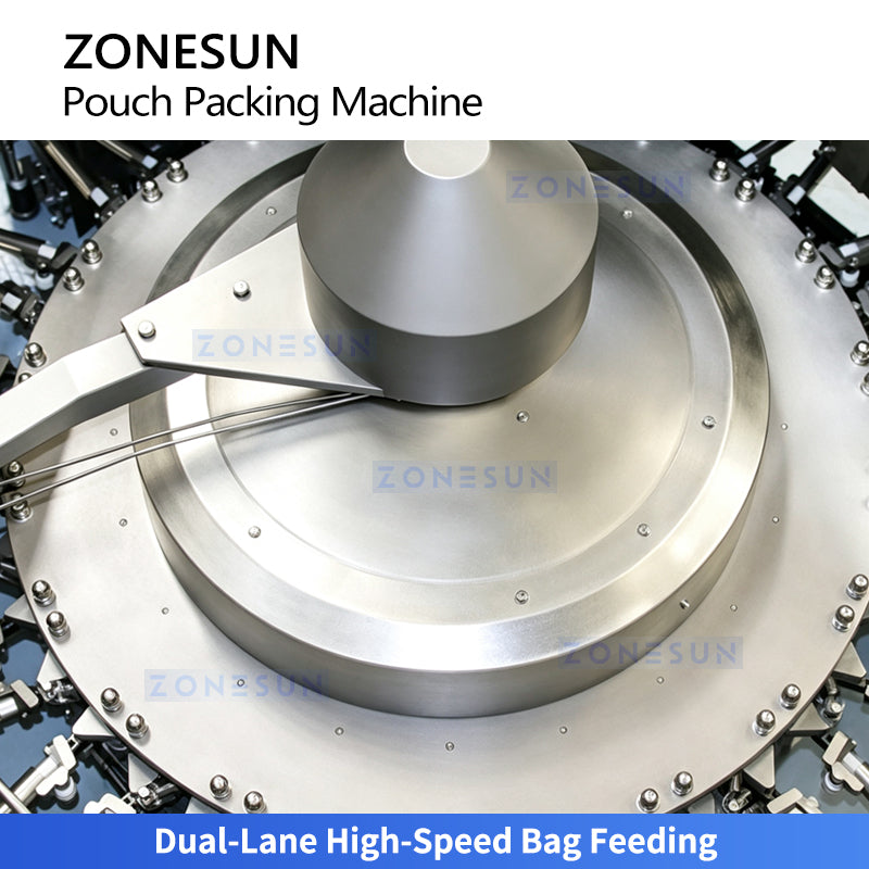 ZONESUN ZS-SPFC8 Automatic Dual Channel Pouch Packing Machine for Flat Bags Zipper Bags and Stand-Up Pouches