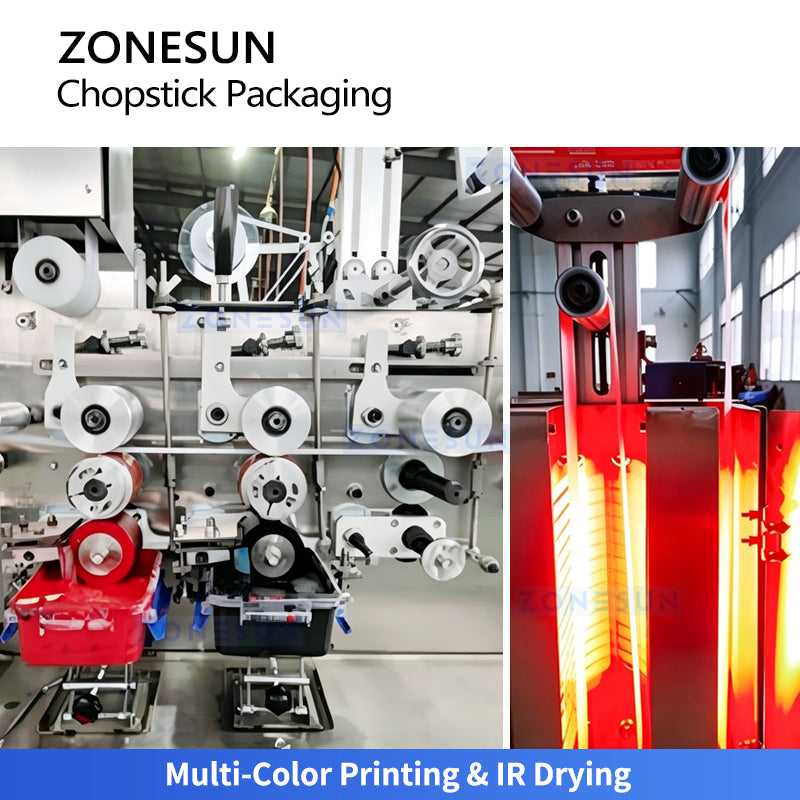 ZONESUN ZS-KZ60 Automatic Chopstick Packaging Machine with Printing & IR Drying, High Speed Paper Sleeve Packing Machine for Disposable Chopsticks
