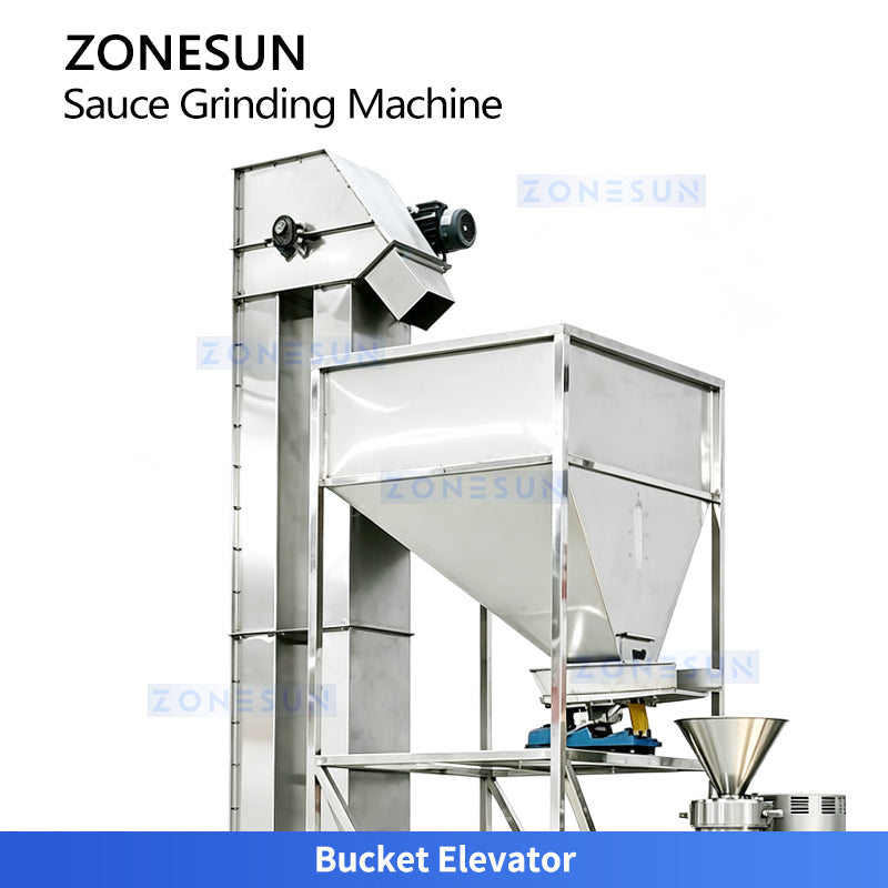 ZONESUN ZS-YM80 Industrial Two-Stage Nut Butter Grinding Machine with Bucket Elevator for Peanut Butter Cocoa Paste Tahini Production