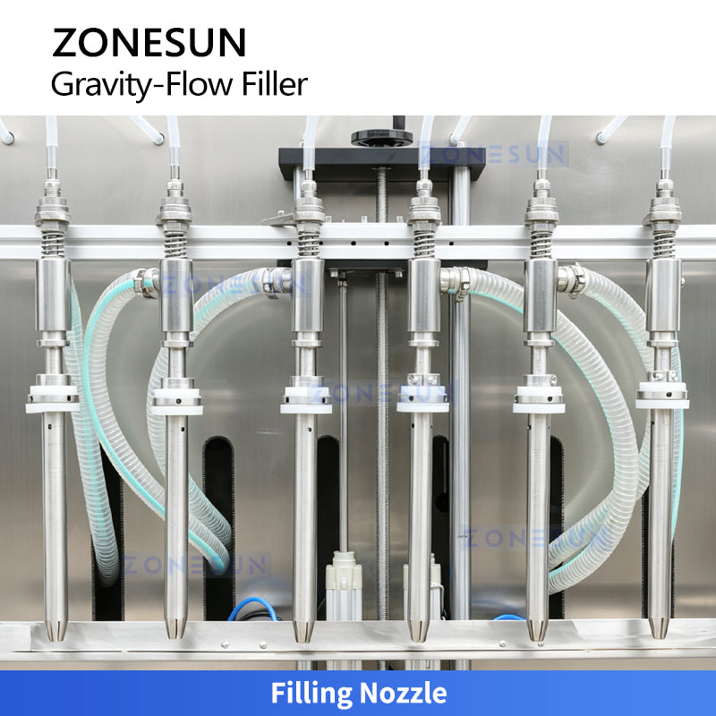 ZONESUN ZS-VTGZ100E Automatic Gravity Liquid Filling Machine with Diving Nozzles for Low Viscosity Liquids