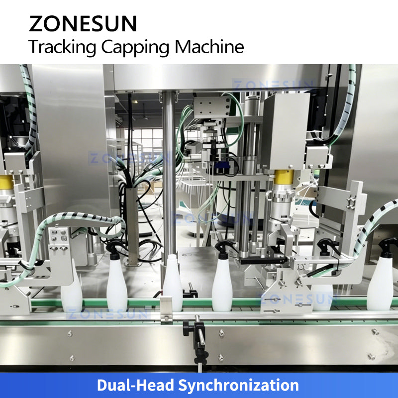 ZONESUN ZS-VTXG3 Dual Head Automatic Pump Cap Capping Machine with Tracking System for Lotion, Serum, Disinfectant Liquid Bottles