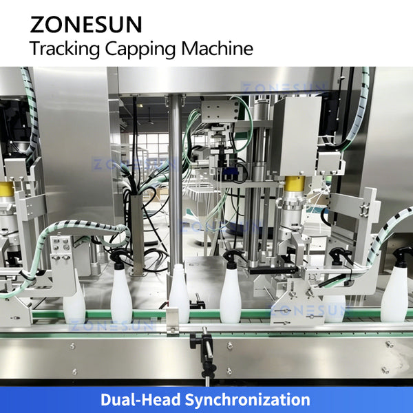 ZONESUN ZS-VTXG3 Dual Head Automatic Pump Cap Capping Machine with Tracking System for Lotion, Serum, Disinfectant Liquid Bottles