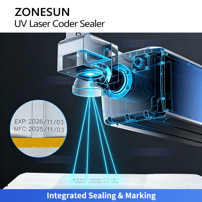ZONESUN ZS-FR100LC Continuous Band Sealer with UV Laser Coding Bag Sealing Machine