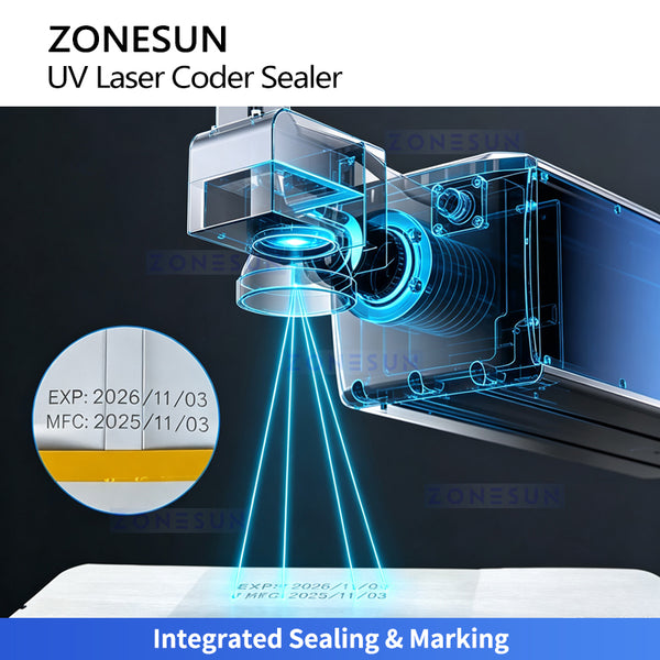 ZONESUN ZS-FR100LC Continuous Band Sealer with UV Laser Coding Bag Sealing Machine