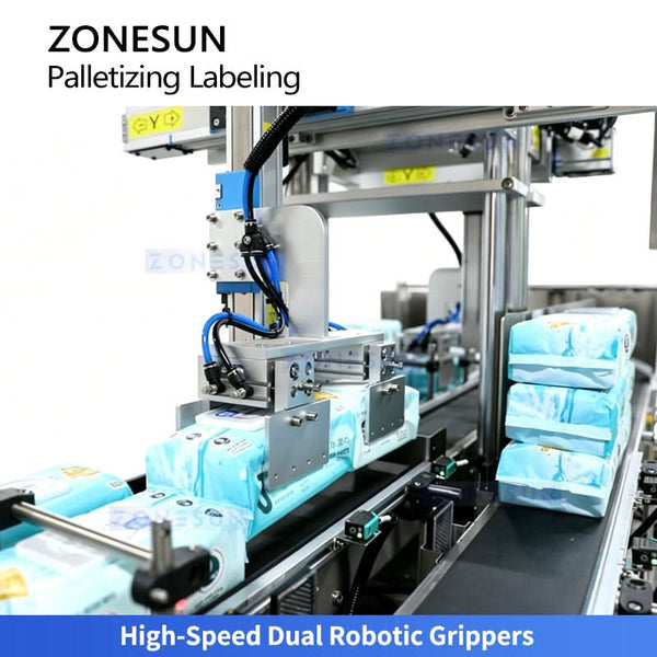 ZONESUN ZS-TB70DM Dual-Lane Automatic Bag Palletizing & Bundle Labeling Machine with Twin Conveyors and Robotic Arms