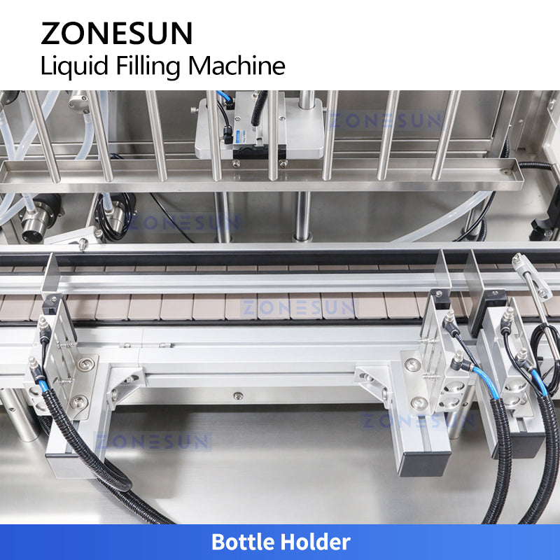 ZONESUN ZS-YTMP80D bottle holders beneath the filling nozzles