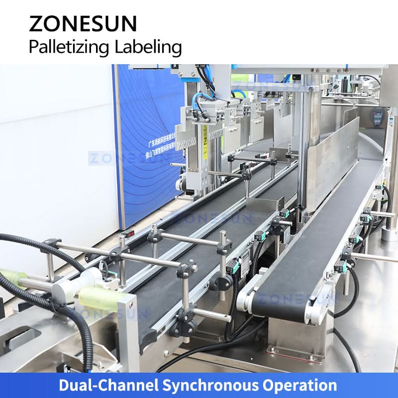 ZONESUN ZS-TB70DM Dual-Lane Automatic Bag Palletizing & Bundle Labeling Machine with Twin Conveyors and Robotic Arms