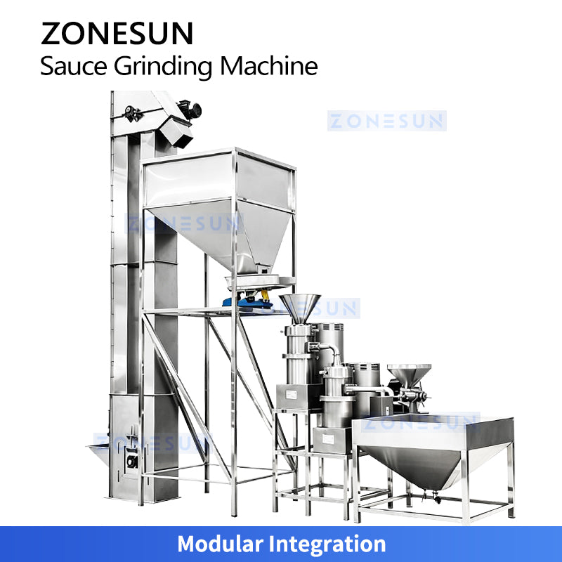 ZONESUN ZS-YM80 Industrial Two-Stage Nut Butter Grinding Machine with Bucket Elevator for Peanut Butter Cocoa Paste Tahini Production