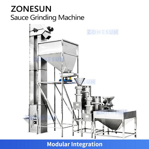 ZONESUN ZS-YM80 Industrial Two-Stage Nut Butter Grinding Machine with Bucket Elevator for Peanut Butter Cocoa Paste Tahini Production