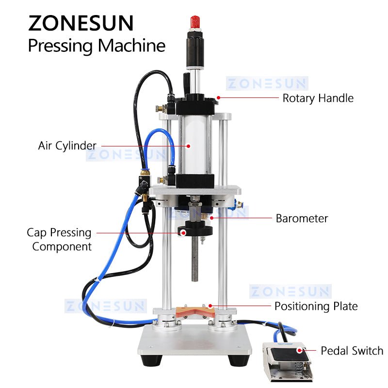 ZONESUN ZS-XG70ZC Pneumatic Jar Pressing Machine For Wine Bottle, T-Cork, Spray Outer Cap, Whisky