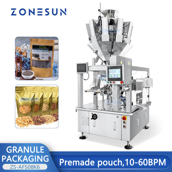 ZONESUN ZS-AFS08K6 Compact Multi-head Granular Fertilizer Weighing Filler Pet Dental Chew Cubes Premade Pouch Granule Packing Machine