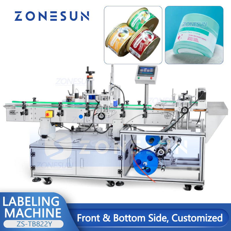ZONESUN ZS-TB822Y Automatic Front Side & Bottom Side Labeling Machine For Luncheon Meat Round Metal Cans Coemstic Bottle Canned