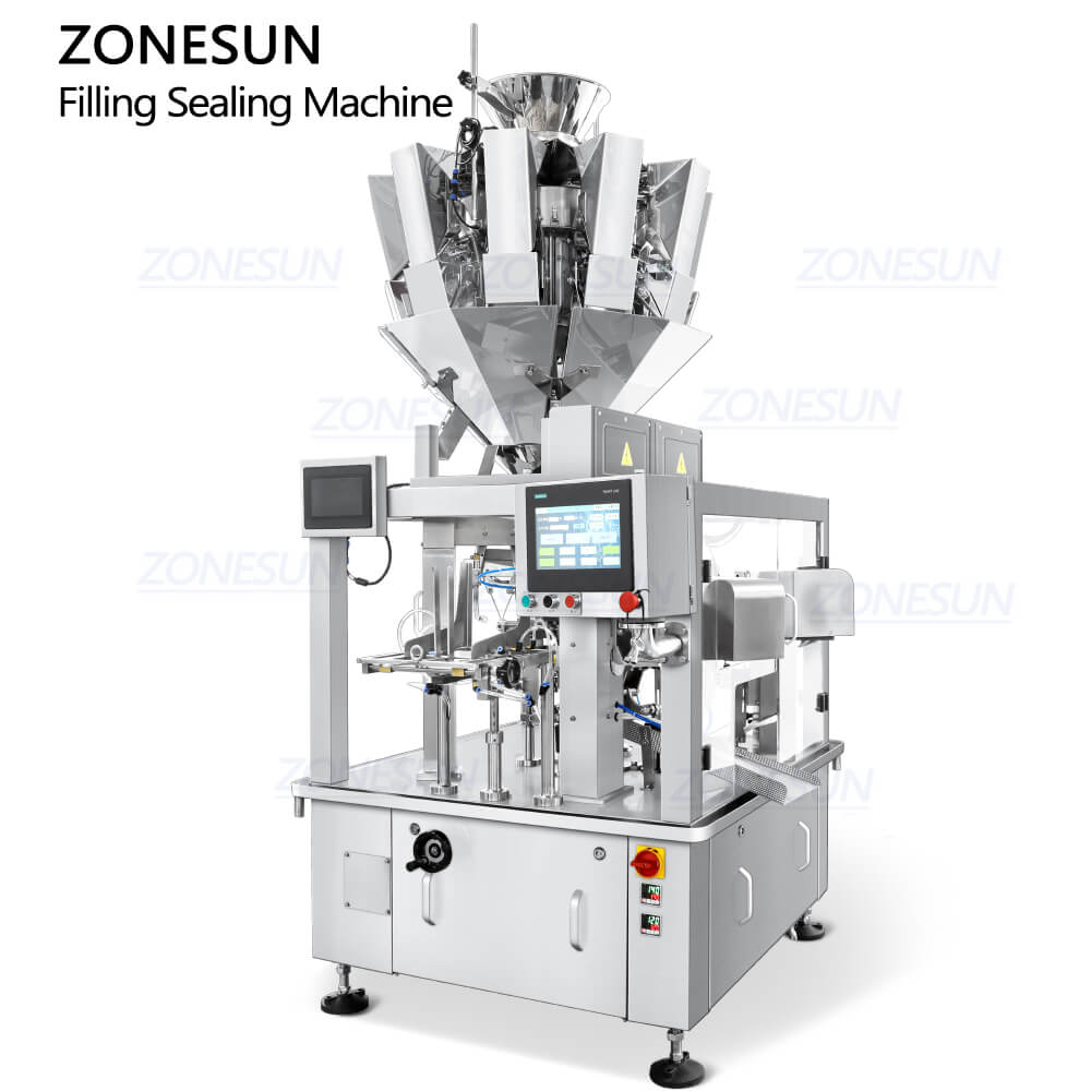 ZONESUN ZS-AFS08K6 Compact Multi-head Granular Fertilizer Weighing Filler Pet Dental Chew Cubes Premade Pouch Granule Packing Machine