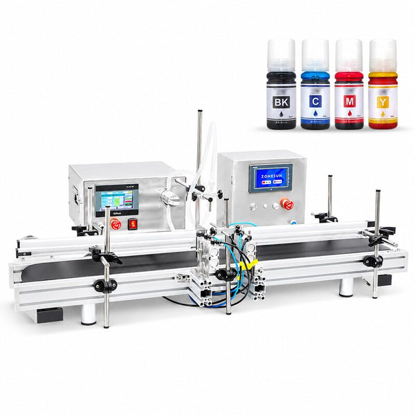 ZONESUN ZS-DTMPZ1 liquid filling machine with realistic application bottles on a white background