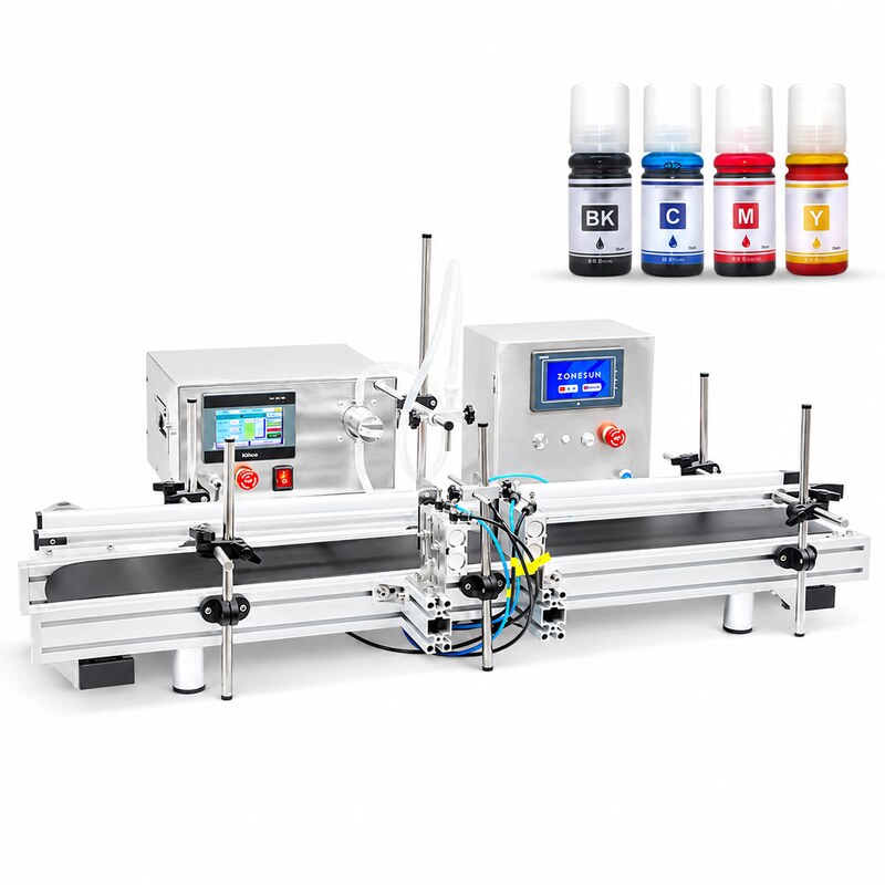 ZONESUN ZS-DTMPZ1 liquid filling machine with realistic application bottles on a white background