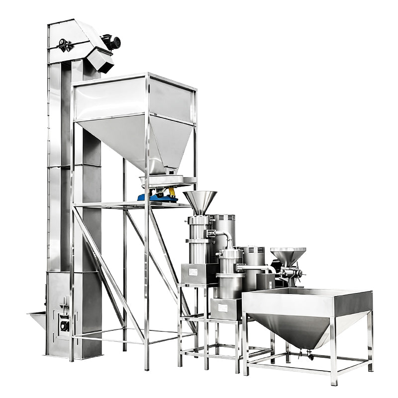 ZONESUN ZS-YM80 Industrial Two-Stage Nut Butter Grinding Machine with Bucket Elevator for Peanut Butter Cocoa Paste Tahini Production