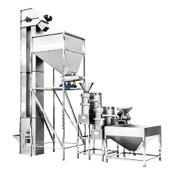 ZONESUN ZS-YM80 Industrial Two-Stage Nut Butter Grinding Machine with Bucket Elevator for Peanut Butter Cocoa Paste Tahini Production