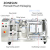 ZONESUN ZS-AFS210V layout showing control panel, pouch holder, loading station, vacuum structure and outfeeding conveyor