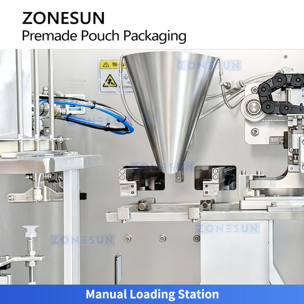 Manual product loading station on the ZONESUN ZS-AFS210V premade pouch vacuum sealing machine