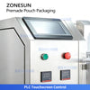 PLC touchscreen control panel on the ZONESUN ZS-AFS210V premade pouch vacuum packaging machine