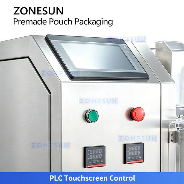 PLC touchscreen control panel on the ZONESUN ZS-AFS210V premade pouch vacuum packaging machine