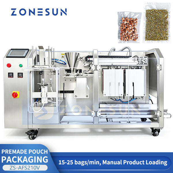 ZONESUN ZS-AFS210V premade pouch vacuum packaging machine with manual product loading, 15-25 bags per minute