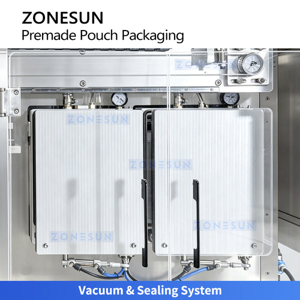 Vacuum extraction and heat sealing system on the ZONESUN ZS-AFS210V premade pouch packaging machine