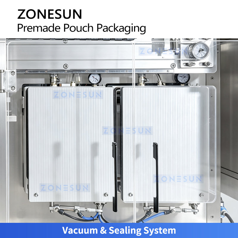 Vacuum extraction and heat sealing system on the ZONESUN ZS-AFS210V premade pouch packaging machine