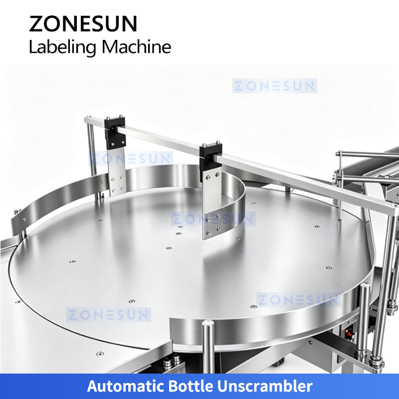 ZS-TB700D automatic bottle unscrambler organizes and feeds containers into the labeling line