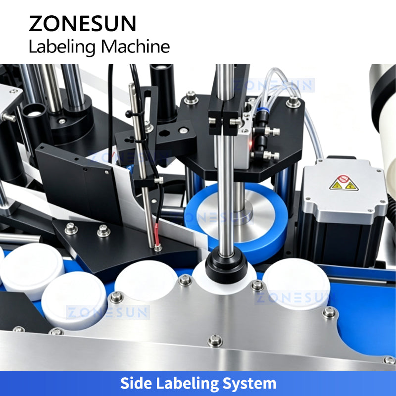 Side labeling system on the ZONESUN ZS-TB700D for compatible round containers
