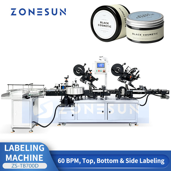 ZONESUN ZS-TB700D automatic top, bottom and side bottle labeling machine with flip-over system, up to 60 bottles per minute