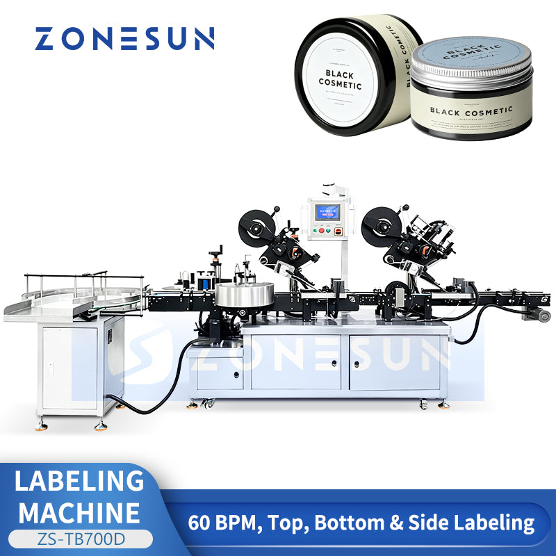 ZONESUN ZS-TB700D automatic top, bottom and side bottle labeling machine with flip-over system, up to 60 bottles per minute