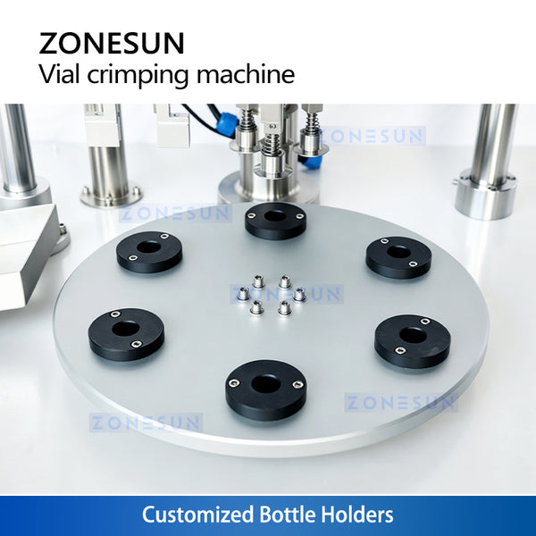 Customized turntable bottle holders position compatible vials beneath the ZS-YG200A crimping head